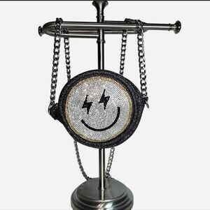 Beaded Smiley Crossbody Bag in Black and Silver